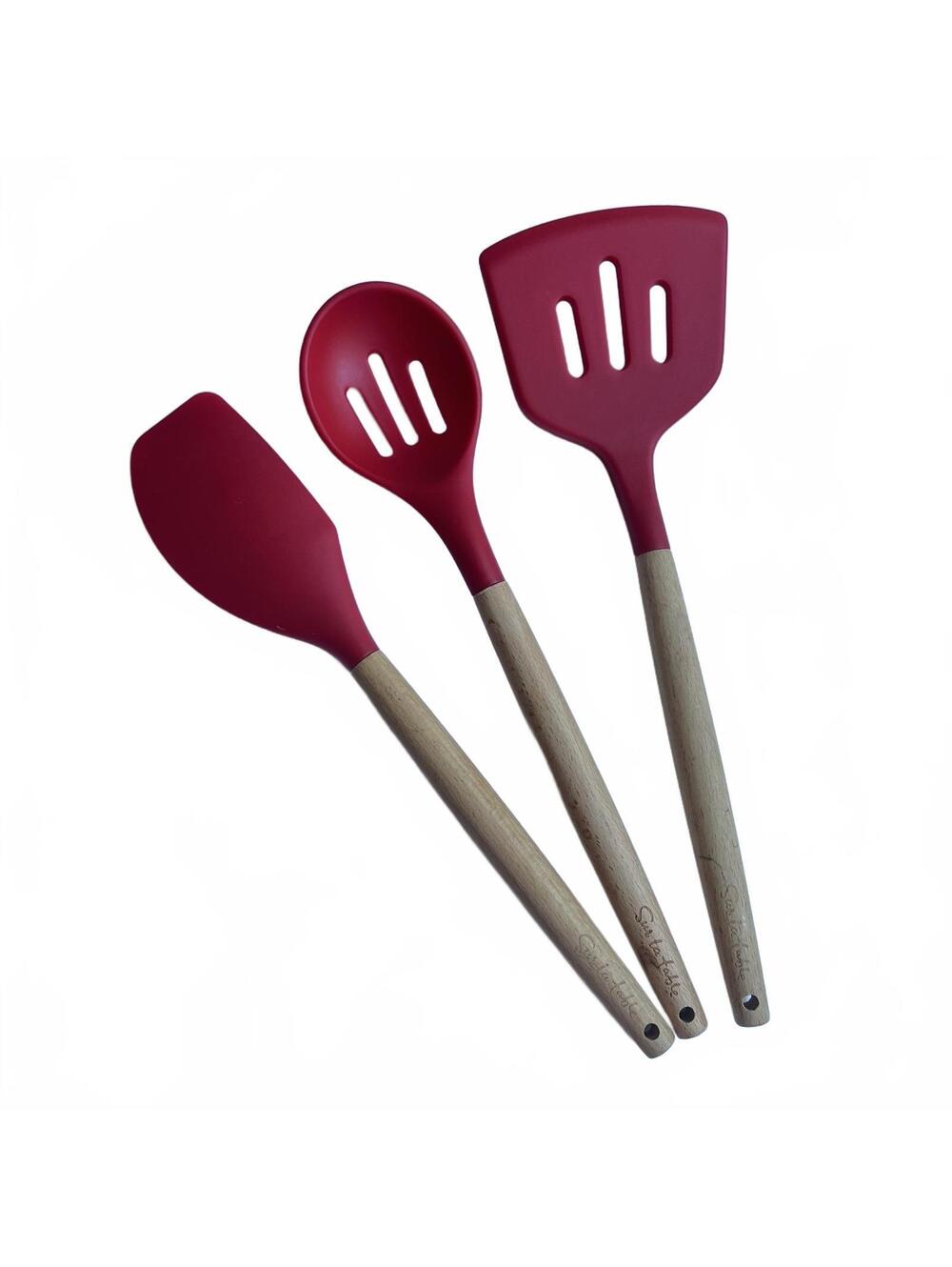 Sur La Table Utensil Set 3 piece Red Silicone Heads Natural Wooden Handles